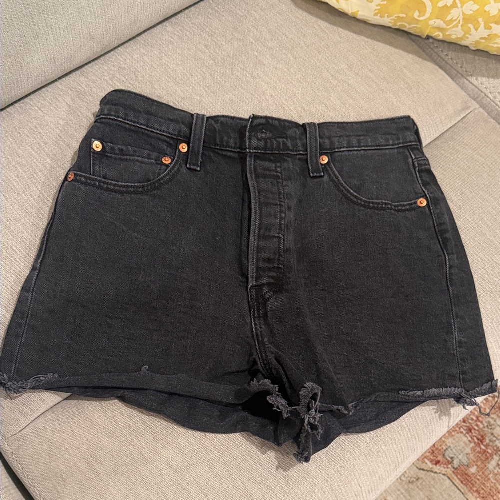 Levi's Dark Jean Shorts with Distressed Hem